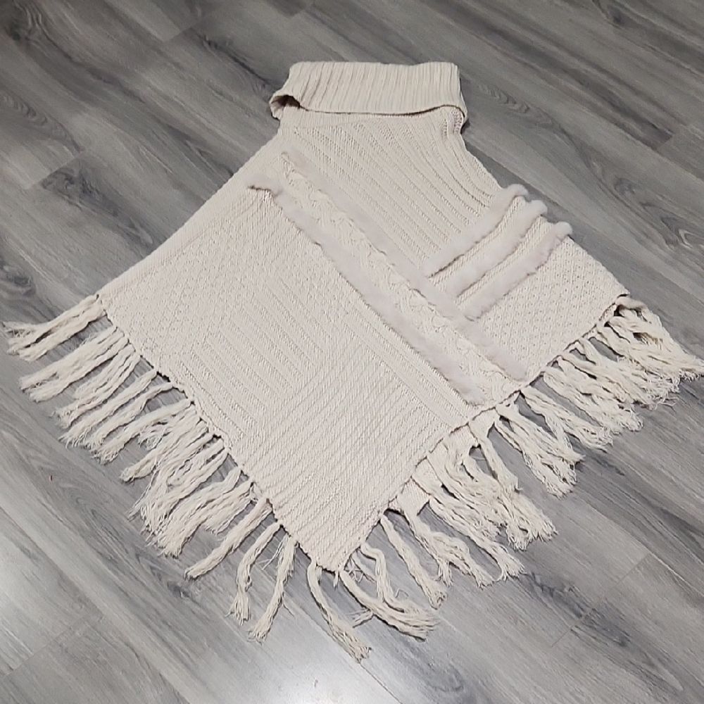 Le Moda Taupe Boho Turtleneck Fringe Patchwork Knit Poncho